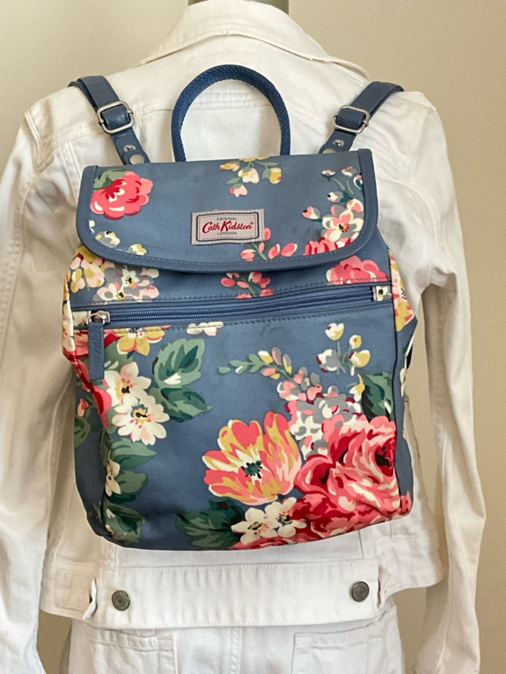 Cath Kidston Blue Floral Canvas Backpack with Multicolor Blooms
